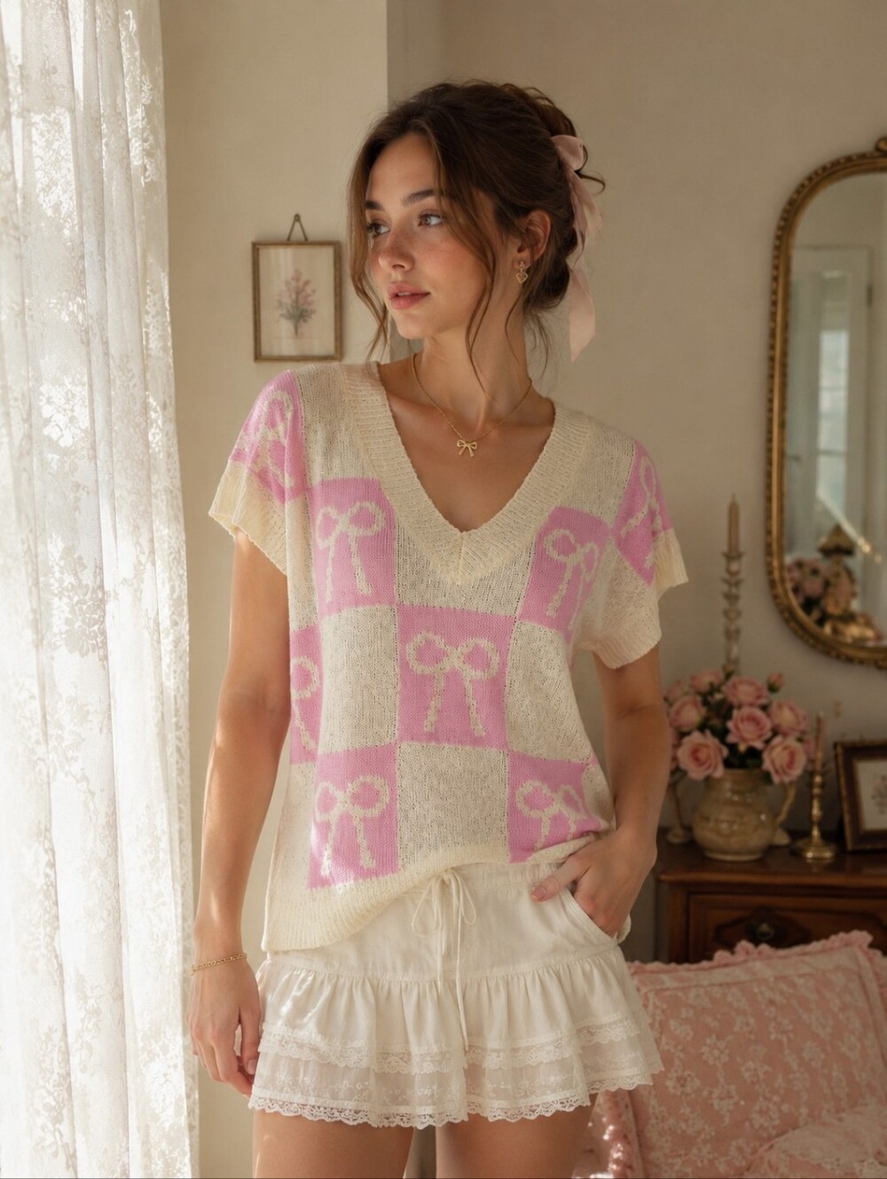 New In Coquette Bow Short Sleeve Lightweight Knit Top, Size Large